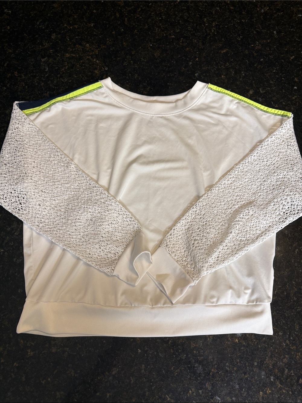 Tennis Lucky in Love M White Pullover with Lace Mesh Sleeves and Neon Trim